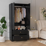 Garvee 71" Armoire Wardrobe Closet, Modern Wooden Bedroom Armoire with 2 Drawers & 2 Doors and Adjustable Shelves，Clothing Storage Cabinet with Aluminum Hanging Rod, Locker - Black