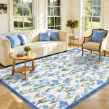 Garvee Ultra Thin Washable Area Rug - Modern Floral Carpet for Living Room, Bedroom, Nursery, or Dining Room - Low Pile, Non Slip, Spot Resistant, Soft Collapsible Mat - Light Blue, 8x10ft - Light Blue
