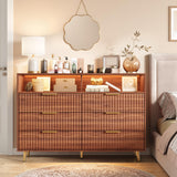 Garvee Modern Walnut 6 Drawer Fluted Dresser with LED Lights & Charging Station – Storage Cabinet with Gold Handles, Open Shelf – Bedroom, Living Room, Hallway – Walnut One Box Pack - Walnut