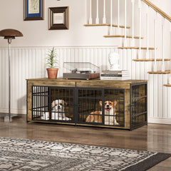 Garvee Double Dog Crate Furniture with Divider – Heavy Duty Wooden Indoor Kennel End Table – 3-in-1 Pet House for Large/Medium Dogs – Metal Doors, Adjustable Feet, Easy Assembly – Tiger Wood - Brown