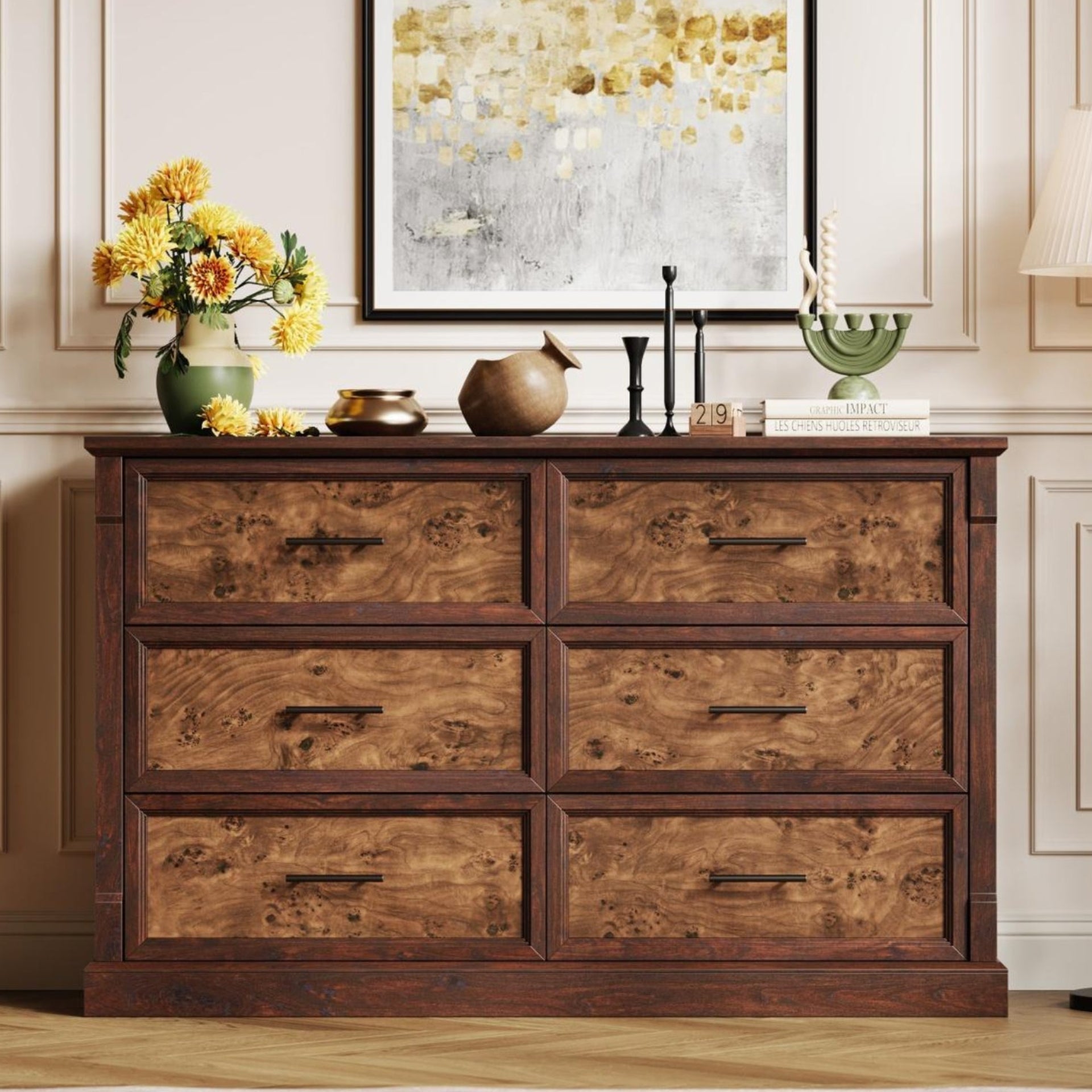 Garvee Farmhouse 6 Drawer Dresser with Deep Drawers & Bar Handles for Bedroom Living Room Hallway, Large Rustic Wood Chest, Brown