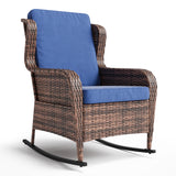 Garvee Blue + Brown Outdoor Rocking Chair, PE Rattan Patio Wicker Rocker with Thick Cushions for Porch, Deck & Garden - Brown + Blue