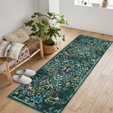 Garvee Dark Green Washable Floral Runner Rug 2' × 6', Non Slip Low Pile Stain Resistant Botanical Rug for Kitchen Hallway Entryway Laundry Room - Dark Green