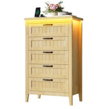 Garvee 5 Drawer Dresser for Bedroom with Charging Station and LED Lights, Farmhouse 44.9" Tall Chest of Dresser with Large Storage for Living Room, Hallway & Entryway, Natural - Natural