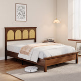Garvee Eclectic Bed Frame with Natural Rattan Woven Headboard – Full Size, Wooden Platform with Storage Shelf, Silent Slats, Mid-Century Style, No Box Spring, Walnut, FULL - Wulnut