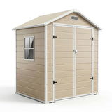 Garvee Heavy-Duty Resin Outdoor Storage Outdoor Storage 6x4 FT with Floor, Window, Lockable Double-Wall Door, Sloped Roof – Waterproof, Weather-Resistant – Garden Storage for Patio, Lawn Mower, Bikes, Tools – Light Brown - Light Brown