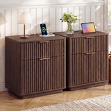Garvee Fluted Nightstand Set of 2 with Charging Station, 23'' Mid Century Nightstand with 2 Drawers, Modern End Table for Bedroom Living Room, Curved Profile, Walnut - Walnut