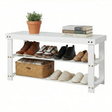 Garvee Shoe Rack Bench, 3-Tier Bamboo Shoe Storage Organizer with Seat, Heavy Duty Entryway Bench for Hallway Living Room, 30x90x45cm Shoe Shelf for Closet Bedroom, White - White