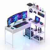Garvee Computer Desk with 3 Fabric Drawers, 50.4 in l-Desk Display Shelves with Led Light & Power Outlet, PC Table Workstation for Home Office, Gaming Desk for Small Spaces, White - White