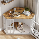 Garvee Space-Saving Corner Dog Crate Furniture – Wooden Indoor Kennel End Table with 360° Rotating Door, Stainless Steel Feeding Bowls, Decorative Design for Small Dogs, White, Classic + White Relief + White Iron Frame - White