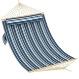 Garvee 2 Person Quilted Fabric Hammock with Curved Wood Spreader Bars, 12' Large Freestanding Swing Bed with Pillow for Outdoor Patio, Blue Stripe - Blue Stripe