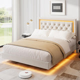 Garvee Floating Platform Bed Frame with Smart LED Lights - Modern Upholstered Platform - Diamond Headboard - Sturdy Wood Slats - Noise-Free - No Box Spring Needed - Easy Assembly - Queen Size - White - White