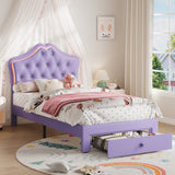 Garvee LED Crystal Tufted Velvet Upholstered Bed Frame – Storage Drawer, Noise-Free Slats, No Box Spring Needed, Modern Kids & Teens Furniture, Easy Assembly, Twin Size, Purple - Purple