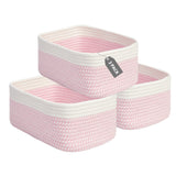 Garvee Cotton Rope Woven Storage Baskets, Set of 3 Rectangular Shelf Bins - Soft Fabric, No Handles - Closet & Bathroom Organizer for Nursery, Toys, Makeup - 11.8 x 7.5 x 4.7 in - White And Pink Stripe