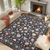 Garvee 9×12ft Folding Printed Area Rug, Machine Washable Non-Slip Low Pile Floral Butterfly Carpet for Living Room Bedroom Nursery,Black - Black