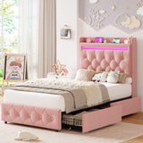 Garvee Twin Upholstered LED Bed Frame with Storage Headboard & Charging Station Soft Velvet with 2 Drawers, Wood Support Pink Kids' Room