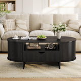 Garvee 47.2" Oval Coffee Table with Storage, Mid-Century Modern Fluted Accent Table - Sliding Doors & Drawer - Rounded Corners, Plinth Base - Living Room, Small Spaces - Black - Black