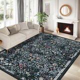 Garvee 8' × 10' Boho Botanical Area Rug, Machine Washable Non-Slip Low-Pile Stain-Resistant Soft Rug for Living Room, Bedroom & Dining Room, Black - Black