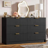 Garvee 55" Wide Modern Fluted Double Chest of 6 Drawer Dressers for Bedroom with Golden Metal Handles, Multi-Function Home Organizer and Large TV Stand for Living Room, Entryway, Hallway, Black - Black