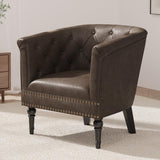 Garvee Comfortable Faux Leather Barrel Accent Chair – Tufted Back, Nailhead Trim, Upholstered Single Armchair for Living Room, Bedroom, Patio, Home Office – Dark Brown - Dark Brown
