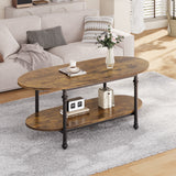 Garvee 2-Tier Oval Coffee Table – Wooden Center Table with Open Storage Shelf, Roman Column Metal Legs, Modern Industrial Style for Living Room, Bedroom, Office – Rustic Farmhouse, Vintage Color - Brown