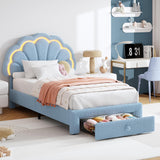 Garvee Twin LED Platform Bed with Storage Drawer, Adjustable Headboard, Berber Fleece Upholstery, No Box Spring Needed, Easy Assembly, for Kids,Blue - Blue