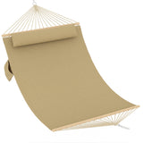 Garvee 2 Person Quilted Fabric Hammock with Curved Wood Spreader Bars, 12' Large Freestanding Swing Bed with Pillow for Outdoor Patio, Tan - Tan