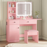 Garvee Vanity Desk with Mirror & Light, Makeup Vanity Table with Charging Station, Large Storage Cabinet & 2 Drawers & 3 Open Shelves, 3 Lighting Modes Adjustable Brightness, Bedroom Dressing, Pink
