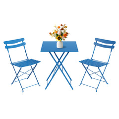 Garvee 3-Piece Folding Patio Bistro Set, Space-Saving Metal Table & 2 Chairs, Weather-Resistant, No Assembly, for Balcony, Garden & Outdoor – Blue - Blue