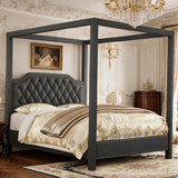 Garvee King Size Canopy Bed Frame with Upholstered Headboard, Four Poster Design, Button Tufted, and Slide Rail, No Box Spring Required, Wooden Slatted Structure, Gray - Gray