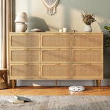 Garvee Rattan 9 Drawer Tall Dresser with Deep Drawers, Natural Wood Chest, Wide Top, Metal Legs, Reinforced Support for Bedroom & Living Room - Natural