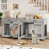 Garvee 71" Double Wooden Dog Crate Furniture for 2 Dogs, Heavy Duty, Spacious, MDF & Iron, Three-Drawer Storage, TV Stand, Small to Large Dogs - Light Gray