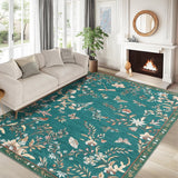 Garvee 8' x 10' Botanical Area Rug with Birds & Butterflies, Vintage Floral Carpet for Living Room Bedroom, Non‑Shedding Soft Low Pile Floor Rug, Teal - Teal