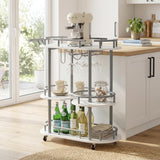 Garvee Mobile 3-Tier Serving Cart with Wine Rack and Glass Holder - Silver + White