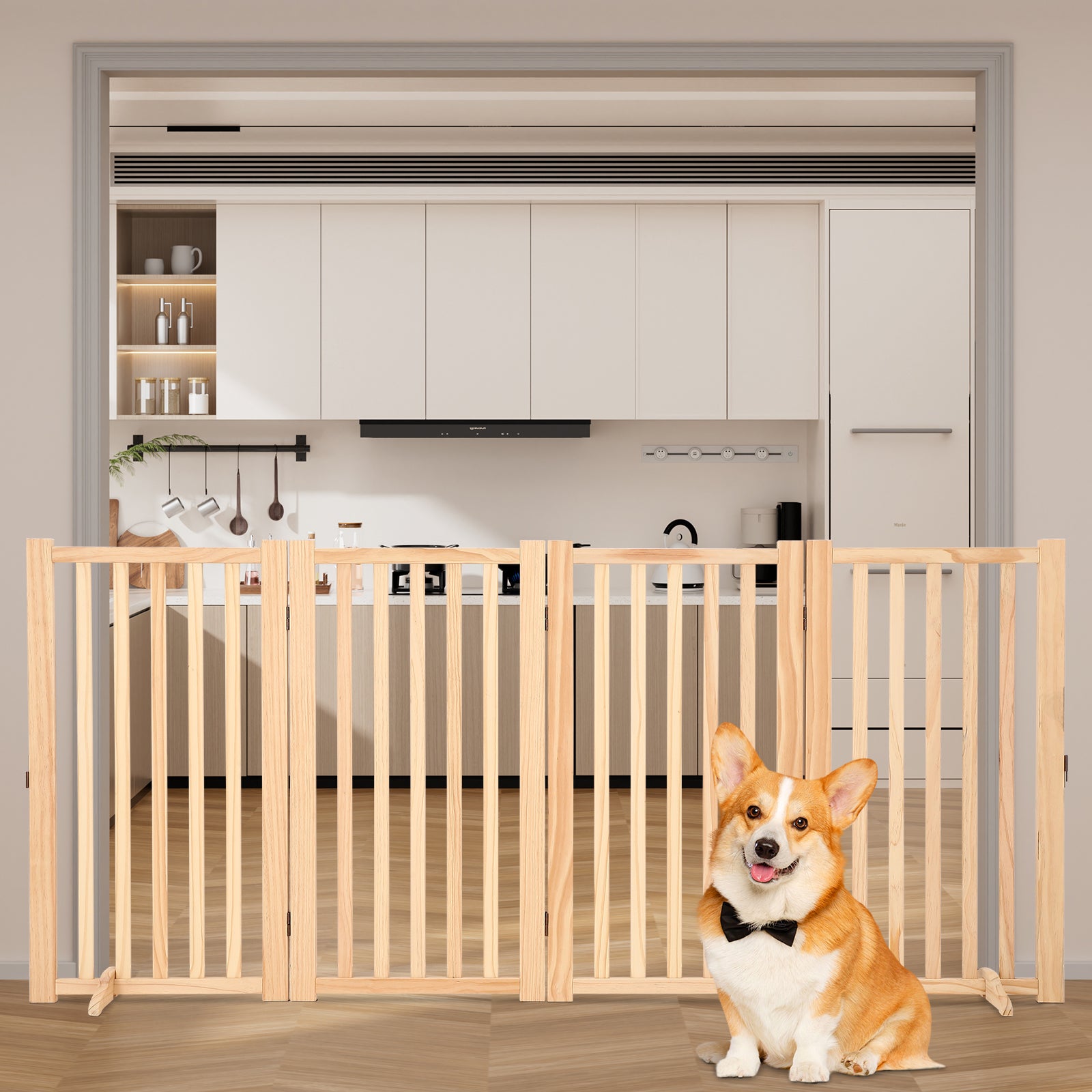Garvee Wooden Freestanding Dog Gate, Collapsible Pet Gate with