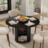 Garvee Space-Saving 47'' Modern Black Round Dining Table for 4-6 – Kitchen & Dining Room Table with 2-Tier Storage Shelf, Sliding Door, Fluted Pedestal – Ideal for Small Spaces – Black - Black