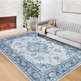 Garvee 10' x 13' Blue Tint Traditional Oriental Floral Area Rug, Washable Polyester Non-Slip Low-Pile Carpet for Living Room, Bedroom and Dining Room - Blue Tint