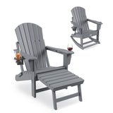Garvee 4-in-1 HDPE Rocking Adirondack Chair, Folding Outdoor Rocker with Retractable Ottoman, Cup Holder & Footrest, Gray - Gray