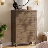 Garvee Mid-Century Modern Tall 6 Drawer Dresser – Vintage Wood Chest with Carved Handles, Tapered Legs – Spacious Bedroom or Living Room Storage – Light Brown - Light Brown