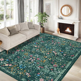 Garvee 8' × 10' Boho Botanical Area Rug, Machine Washable Non-Slip Low-Pile Stain-Resistant Soft Rug for Living Room & Bedroom, Dark Green - Dark Green