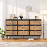 Garvee Rattan 9 Drawer Tall Dresser with Deep Drawers, Natural Wood Chest, Metal Legs, Wide Top, Handwoven Doors for Bedroom & Living Room - Black