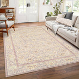Garvee 8' × 10' Vintage Floral Border Area Rug, Machine Washable Non-Slip Low-Pile Stain-Resistant Rug for Living Room, Bedroom & Nursery, Beige - Beige