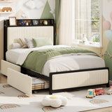 Garvee Upholstered Twin Bed Frame with Storage Drawers & Charging Station – Storage Headboard – No Box Spring Needed – Heavy Duty – Noise-Free – Easy Assembly – Offwhite Style Inspired, TWIN Size - Beige