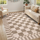 Garvee Brown Checkered Area Rug 5x7, Washable Non Slip Low Pile Faux Wool Rug, Modern Farmhouse Checkerboard Carpet for Living Room Bedroom Dining Room - Brown