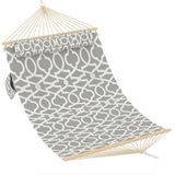 Garvee 2 Person Quilted Fabric Hammock with Curved Wood Spreader Bars, 12' Large Freestanding Swing Bed with Pillow for Outdoor Patio, Gray Geometric - Gray Geometric