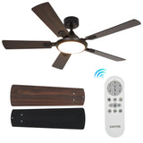 Garvee 52 Inch Modern Ceiling Fan with Dimmable 3-Color LED Light, 5 Reversible Blades, 6-Speed Quiet DC Motor, Remote Control, Energy Efficient, Indoor Fan for Bedroom and Living Room, Black, Suspension Rod - Black