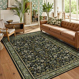 Garvee 6x9 Washable Area Rugs for Living Room, Vintage Floral Print Bedroom Rugs Soft Non Slip Accent Farmhouse Carpet for Dining Room Office Oriental Low Pile Large Throw Rug, Green Black - Green Black