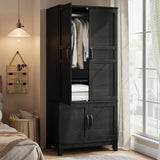 Garvee Spacious Modern Wooden Wardrobe Closet - 72" Tall Storage Armoire with 4 Doors, Adjustable Shelves, Hanging Rod, Large Capacity Organizer for Bedroom or Living Room - Rustic Black Finish, Black - Rustic Black