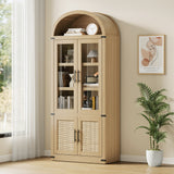 Garvee 72" Arched Bookcase Display Cabinet – 2 Glass & 2 Rattan Doors, Modern Farmhouse Freestanding Wooden Storage with Anti-Tipping Device, Natural Wood - Natural Wood
