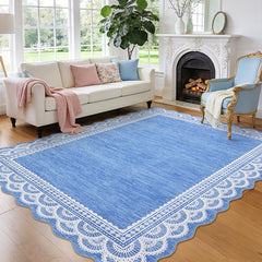 Garvee 8x10 Scalloped Lace Rug for Living Room, Washable Soft Rugs Non Slip Blue Rug Non-Shedding Low Pile Carpet for College Bedroom Playroom Kids Room, Stain Resistant Indoor Floor Cover, Blue - Lace|Blue